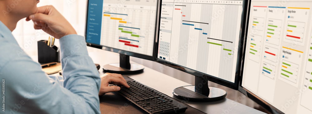 Poster project manager planning schedules for business task on office using gantt chart software display on