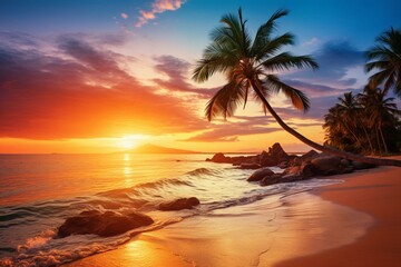 Stunning summer beach, with tropical landscape, captivating sunset. Generative AI