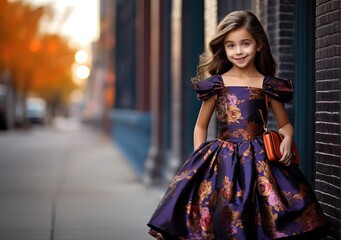 Fototapeta premium close up portrait pretty girl wearing beautiful dress walking on roadside, Generative Ai