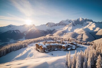 Embrace the Dawn: Witness the Majestic Sunrise Blanket the Snowy Mountains in a Breathtaking Aerial Masterpiece!