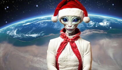 Female alien dressed as a Christmas elf with planet Earth in the background. Merry Christmas and Happy New Year. Illustration from generative AI - obrazy, fototapety, plakaty