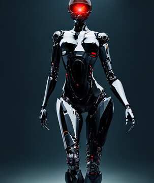 Cybernetic Futuristic Female Humanoid Polygon Robot Cyclop Walking - Threatening Red Glowing Eye  - Concept Art