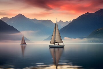Sailboats on lake at peaceful dawn, Tyrol Alps, Austria. Generative AI - obrazy, fototapety, plakaty