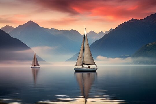 Sailboats on lake at peaceful dawn, Tyrol Alps, Austria. Generative AI