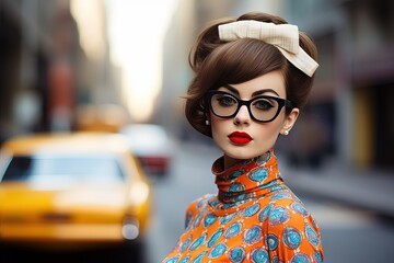 close up street fashion portrait of pretty woman wearing 60s outfit with street view background,...