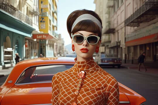 close up street fashion portrait of pretty woman wearing 60s outfit with street view background, generative Ai