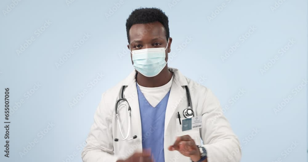 Sticker Face mask, doctor and black man with ok sign, support and healthcare with feedback on a blue studio background. Portrait, African person and medical professional with hand gesture, perfect and review