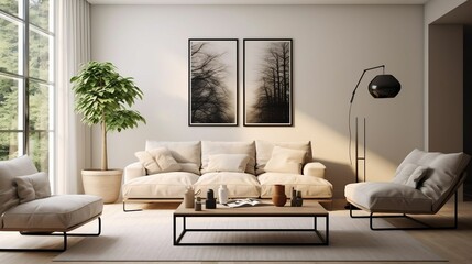 Modern minimalist living room with clean, neutral furniture