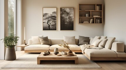 Modern minimalist living room with clean, neutral furniture
