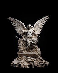 Archangel Stone Statue with Wings on a Black Background