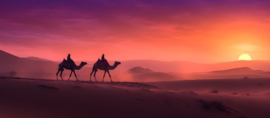 camels in the desert, Sahara, against the backdrop of a beautiful sunset, bright colors,...