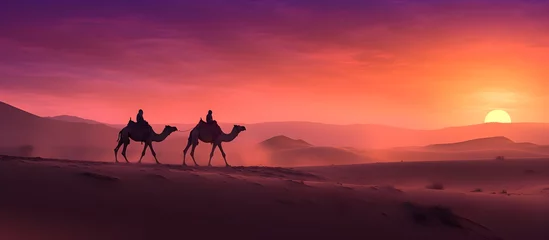 Zelfklevend Fotobehang camels in the desert, Sahara, against the backdrop of a beautiful sunset, bright colors, screensaver for your computer desktop © shustrilka