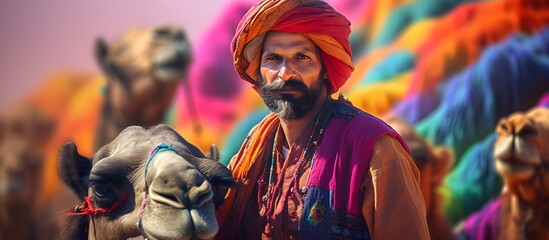 Fototapeta na wymiar Hindu with camel, colorful portrait of desert in Rajasthan, India