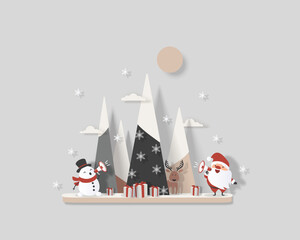 Santa Claus and snowman wish everyone a Merry Christmas using a megaphone near the Christmas tree with gifts. Paper cut style. Christmas vector isolated illustration