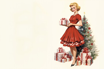 Stylish Vintage Woman Christmas Postcard created with Generative AI technology