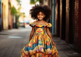 close up portrait pretty African girl wearing beautiful dress walking on roadside, Generative Ai