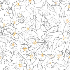 Hand drawn seamless pattern. Spring apple blossom flowers and leaves. Surface for textile, wallpaper, gift wrapping paper, decoration, card, print, wedding invitation, background.