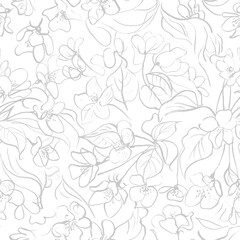 Fototapeta premium Hand drawn seamless pattern. Spring apple blossom flowers and leaves. Surface for textile, wallpaper, gift wrapping paper, decoration, card, print, wedding invitation, background.