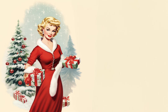 Stylish Vintage Woman Christmas Postcard created with Generative AI technology