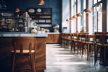 Fototapeta na wymiar A blurry cafe hall with a marble countertop. Generative AI