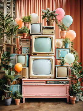 Vintage Televisions Adorned with Natural house plants