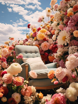 Cozy Armchair Surrounded and Decorated with Lush Blooms in pastel colors