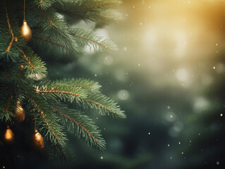 Background with pine tree branches and lights