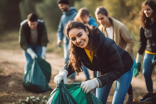 Team of young and diversity volunteer worker group enjoy charitable social work outdoor in cleaning up garbage and waste separation project.