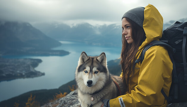 Cinematic image of a hiker girl sitting with husky at the top of the mountain with rocks, autumn trees and lake. Long shot of a beautiful scene in autumn from the top. Moody colors.
