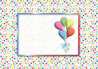 A bouquet of congratulatory Balloons in a frame for a party. Air balloons in empty frame on dotted background for boys and girls. Baby invitation, greeting card, postcard concept, design. Vector, jpg.