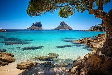 Beaches on Ibiza Island, Spain. Generative AI - obrazy, fototapety, plakaty