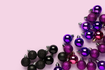 Purple Christmas balls on lilac background