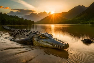Wandcirkels tuinposter crocodile in the river © asad