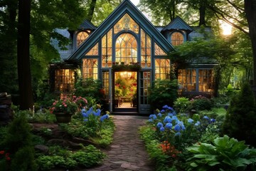 A quaint garden with a magical, Victorian-inspired greenhouse filled with enchanting flora. Generative AI