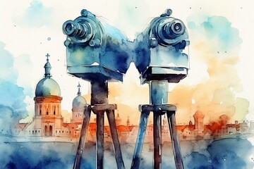 Large binoculars at city observatory, watercolor style illustration with an impressionist painting. Generative AI - obrazy, fototapety, plakaty