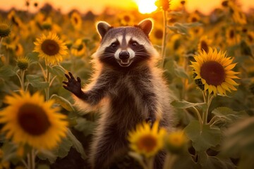 A playful raccoon with adorable charm in a sunflower field at sunset. Generative AI - obrazy, fototapety, plakaty