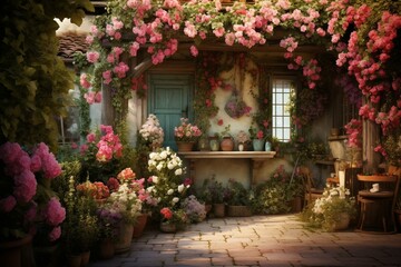 Fototapeta na wymiar Home and garden with lovely flower-filled wallpaper. Generative AI