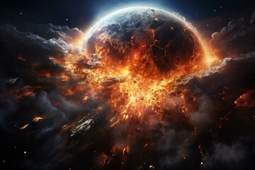 A planet earth exploding in a captivating manner, suitable for dynamic or post-apocalyptic scenes. Generative AI