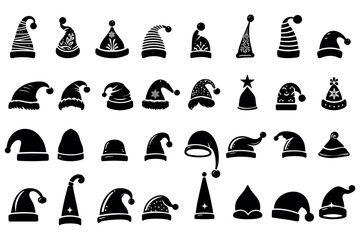 Santa Claus hat Christmas, decorative decorations of New Year's headdresses, black silhouette on a transparent background vector set for stencil