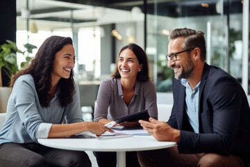 portrait of three smiling diverse business colleagues having casual sit down business strategy meeting