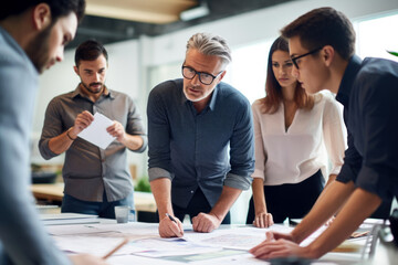team working together on draft plans. group of businessmen in office analyzing business plans. Mature man standing describing a plan of action to his diverse creative team at desk