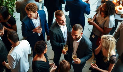 group of business people at a party drink together. group of people having a great time at a social event