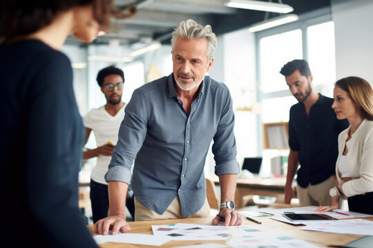 team working together on draft plans. group of businessmen in office analyzing business plans. Mature man standing describing a plan of action to his diverse creative team at desk