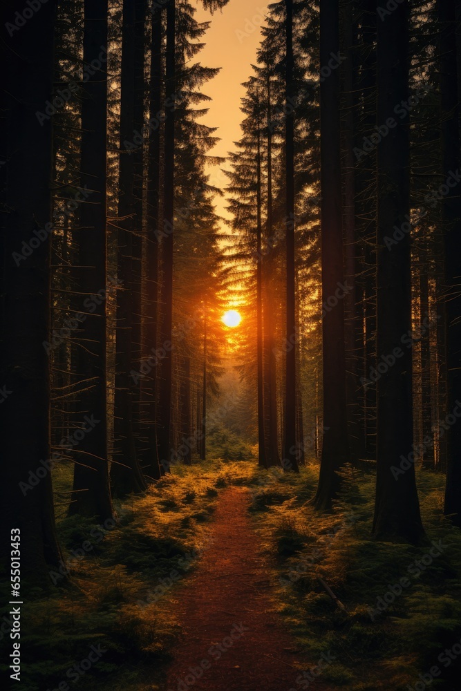 Poster the sun is setting in the middle of a forest. generative ai.