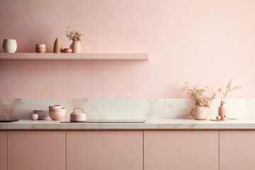 Fototapeta na wymiar Pastel pink kitchen with white marble tabletop and matching appliances, offering ample copy space. Generative AI