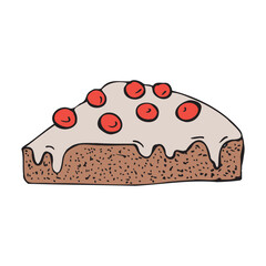 Piece of pie with icing and red berries. Line art. Design element for menu or advertising. Vector illustration