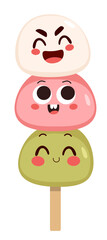 Japanese dango dessert with 3 different flavour. Mochi mascot character vector illustration on white background