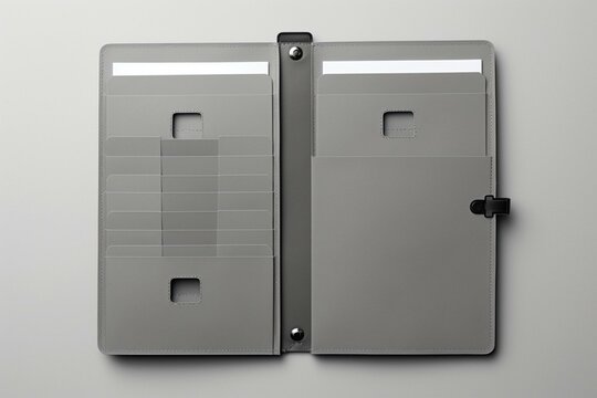 File folder with pockets and sheets on grey background, top view. Generative AI