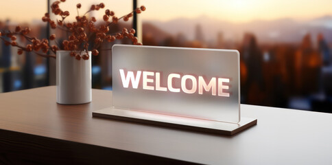 welcome stylish modern and minimal frosted glass name tag or place card mockup made of transparent acrylic see through for reception message and table display signs - obrazy, fototapety, plakaty