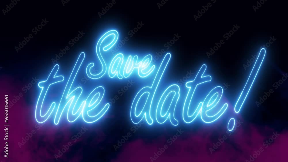 Poster save the date text font with neon light. luminous and shimmering haze inside the letters of the text